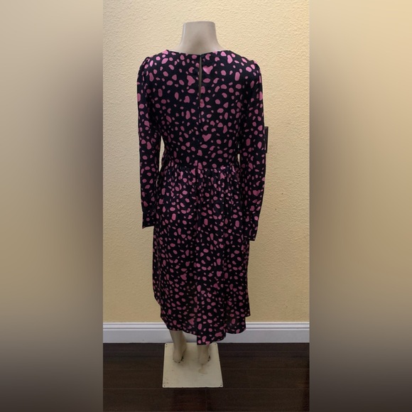 Zara Size Medium Black With Pink Polka Dots Printed Long Sleeve Midi Dress - Picture 8 of 13